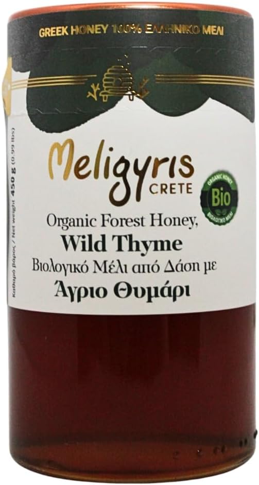 Meligyris - Greek Organic Forest Honey with Wild Thyme – 100% Natural, Raw & Unfiltered – Artisan Bio Honey from Crete, 450g