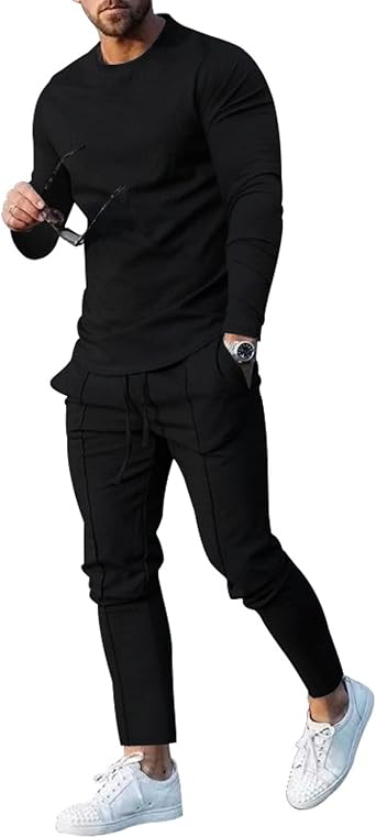 Mens Outfits 2 Piece Tracksuit Long Sleeve Crew Neck T-Shirts Trousers Set Casual Spring Autumn Sport Suit
