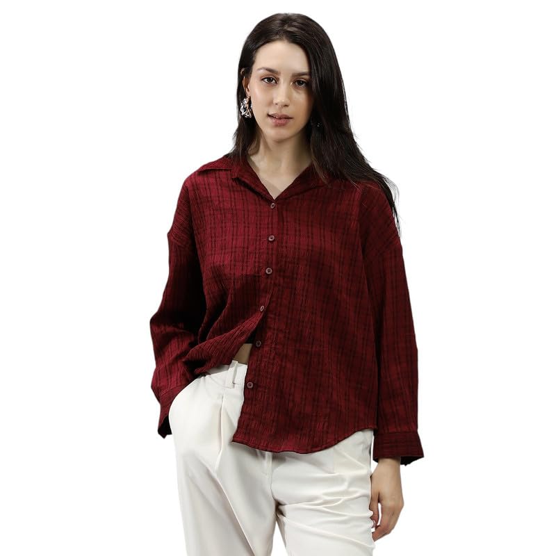 Campus Sutra PNACOLADA Women's Burgundy Red Halo Check-Tactile Relaxed Shirt for Casual Wear | Spread Collar | Long Cuffed Sleeves | Button Closure | Shirt Crafted with Comfort Fit for Everyday Wear in red