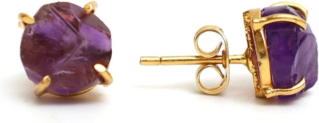 Gempires Natural Raw Gemstone Stud Earrings for Women | Handmade Raw Crystal Prong Setting Earrings | Hypoallergenic Gold Plated Minimal Studs | Unique Gift Jewelry for Her (Multiple Gemstone Options)