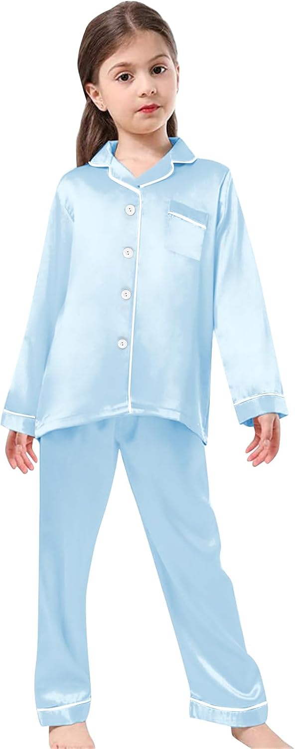 Schbbbta Girls & Women Pajamas Set, 2 Piece Satin Silky Pjs Button-Down Kids Sleepwear, 3 Years - XX-Large