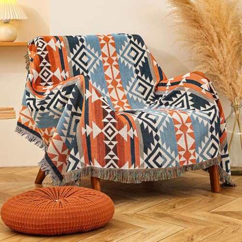 Aztec Patterned Throw Blanket Boho Soft Sherpa Traditional Southwestern Navajo Tribal Style Warm Throw for Camping Outdoor Light Weight Cozy Bohemia Blanket for Couch Sofa Bed 51”x63” Rust Blue