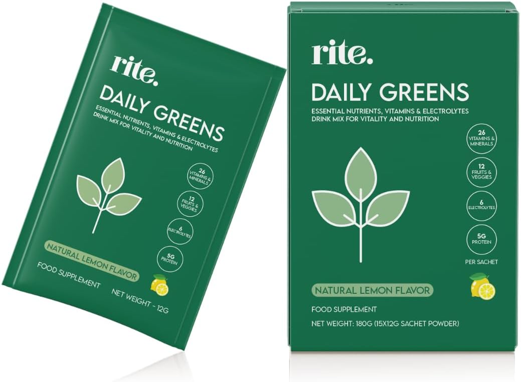Daily Greens Drink mix I 40 Advanced Greens, Superfoods and Electrolytes, Vegan & Gluten Free, No Added Sugar, Advanced Natural Formula, Lemon flavor (Pack of 15)
