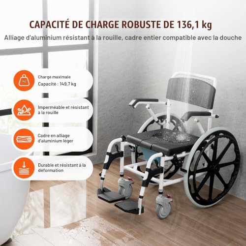 VEVOR Fauteuil roulant de douche en aluminium 440mm charge 136kg réglable avec frein pour handicapés. - vue 4