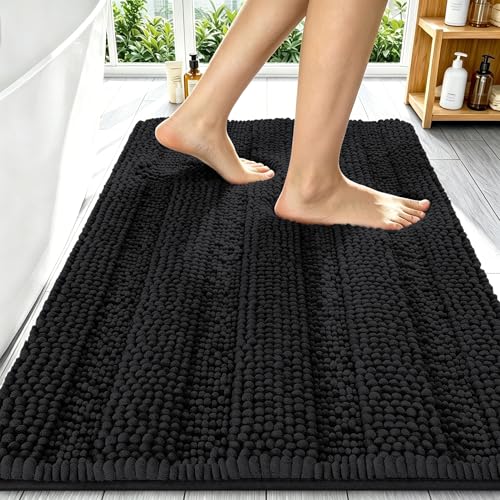 Image of Smiry Thick Chenille Bathroom Rugs 34x21, Extra Soft Absorbent Striped Bath Mat, Machine Washable, Rubber Backing, Bath Rugs for Bathroom, Tub & Shower, Modern Home Decor Accessories, Black
