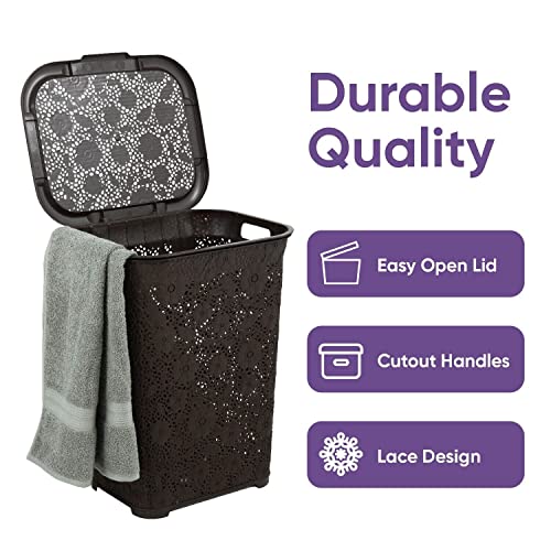 Image of Laundry Hamper With Lid Lace Design 50 Liter - Brown Laundry Hamper Basket With Cutout Handles, Rectangular Shape Modern Style Bin - Dirty Cloths Storage. By Superio