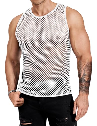 COOFANDY Casual Tank Top White Mens Sexy Fashion Sleeveless Tee Lightweight Fitted See Through T Shirt Fishnet Top