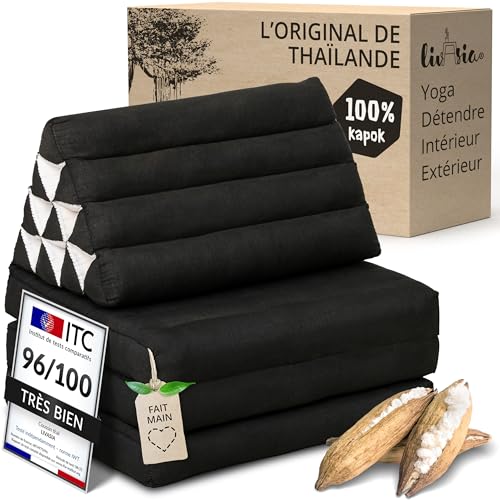 Livasia Coussin thaï 3 Blocs uni - 175x50x8cm - Coussin Triangulaire Matelas Pliable, Coussin en biseau kapok, Coussins de Soutien Dorsal Pliable, Matelas thaï Pliable, Fait Main (Noir Uni)