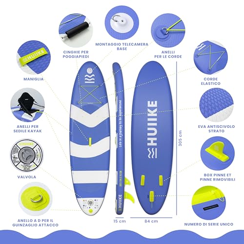 Huiike Tavola Sup Gonfiabile Adulti Con Accessori Inclusi, Pagaia, Pinne, Pompa. Stand Up Paddle Board Con Grande Stabilità E Resistenza. 305 X 84 X 15 Cm, Carico Massimo 130 Kg - 2