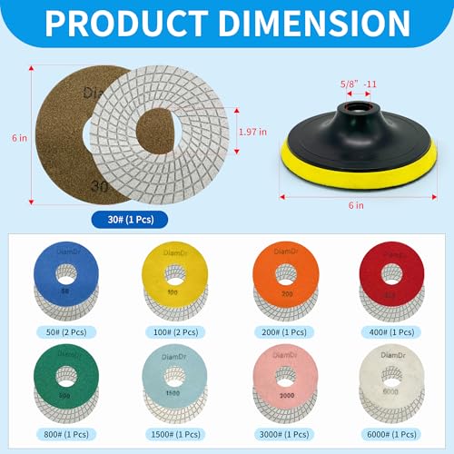 Diamond Polishing Pads Set 6 Inch Tile Wet Dry Polishing Pads Kit by DiamDr - Used condition - Image 2