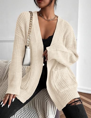 Image of Womens Open Front Cardigan Sweaters Oversized Long Sleeve Two Pockets Loose Solid Knit Sweaters