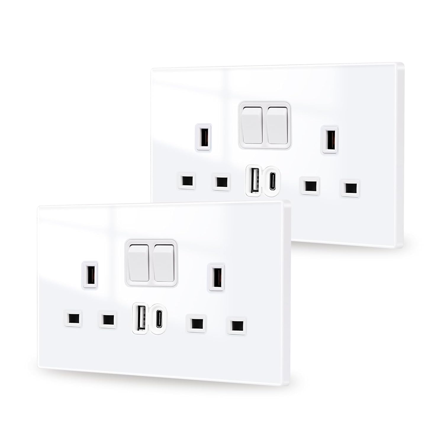 13A Double USB Socket UK, Glass Panel with USB-A & USB-C 3.1A