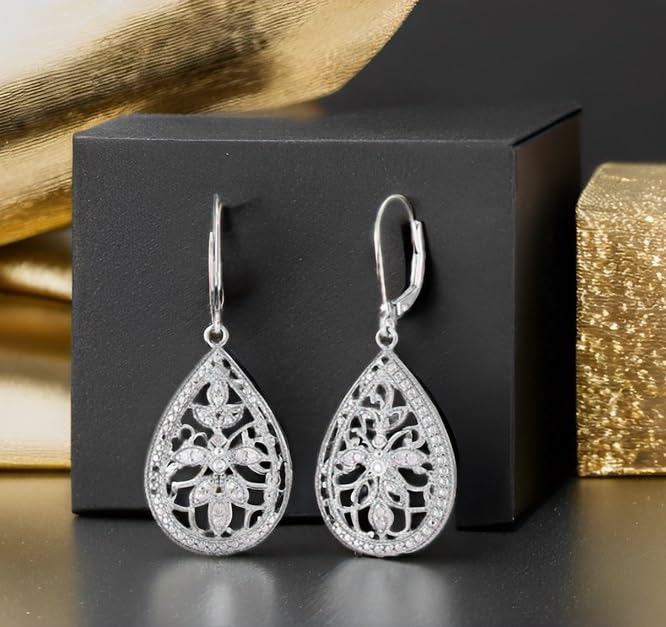Natalia Drake Large Antique Style Teardrop Dangle Leverback Bridal 1/10 Cttw Diamond Earrings for Women in Rhodium Plated 925 Sterling Silver3