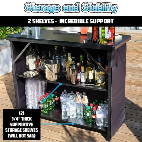 Image of PartyLife 48 inch Premium Portable Bar Table w /Folding Legs, Black Fabric Bar Skirt, 2 Storage Shelves & 2 Carrying Bags | Commercial Grade | Strong & Sturdy - White