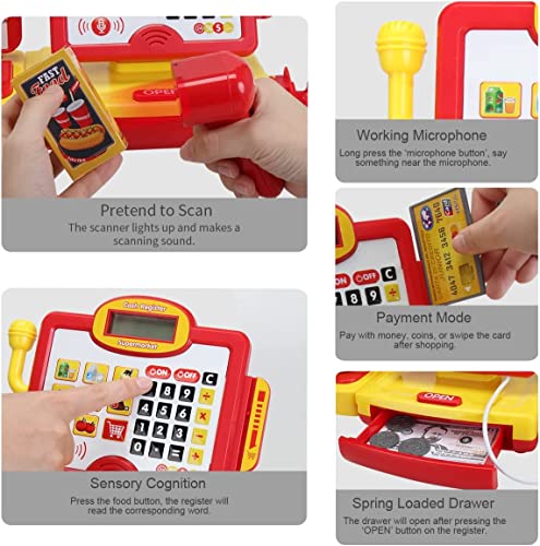 Talking Cash Register for Kids 3 & Up | Pretend Play Set Comes with Toy Microphone, Working Scanner, Play Money, Fake Credit Card, Toy Food & Weight Scale | 25 Pieces with Lights & Sounds