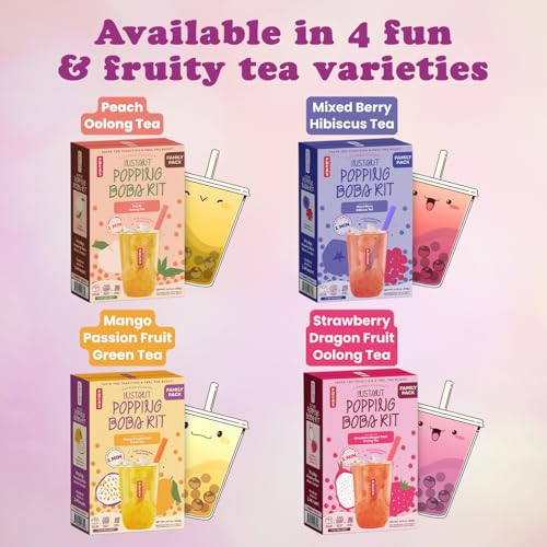 Pocas Instant Popping Boba Kit 2-Pack, Strawberry Dragon Fruit Oolong Tea, Powder, Pearls & Paper Straws, 14.9 Oz Ea