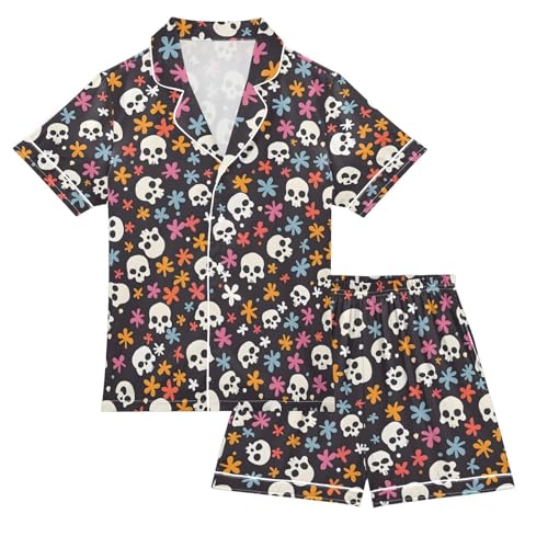 ALAZA Sugar Skull Blossom Flower Pajamas Satin Pajama Set