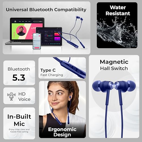 Image of GIZ MN231H Bluetooth Neckband with Magnetic Hall Switch Function | 40H Playtime | HD Voice | Extra Bass | Type-C Charging | Comfortable Fit | Voice Assistant | Magnetic Earpiece (Blue)