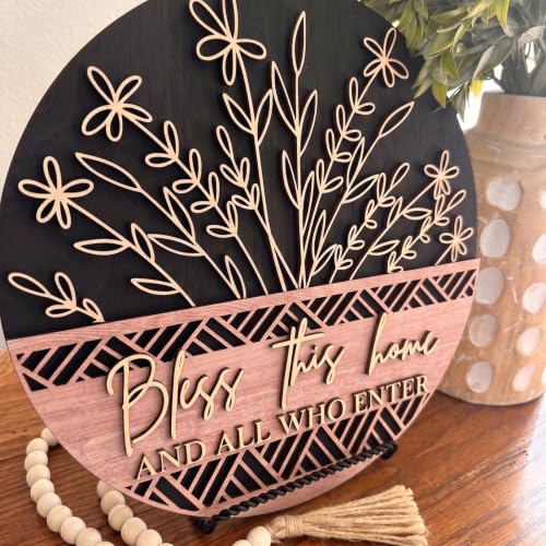 12in 3D Welcome Sign for Front Door – Rustic Round Wood Wreath with "Bless This Home and All Who Enter", Farmhouse Wall Decor Outdoor, Housewarming Gifts New Home, Porch Decoration for All Seasons
