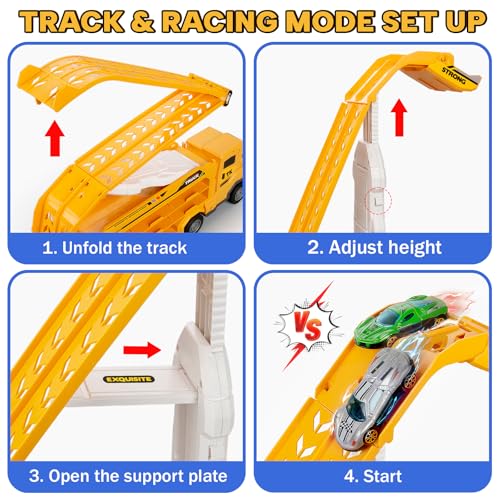 Kids Toys for 3 4 5 6 7 8 Years Old Boys, Carrier Truck Transport Car Toys, Foldable 2 Layer Car Race Track Playset with 25-in Race Track, 6 Metal Toy Cars, Birthday Toy Gift for Toddler-Yellow - Thumbnail 6