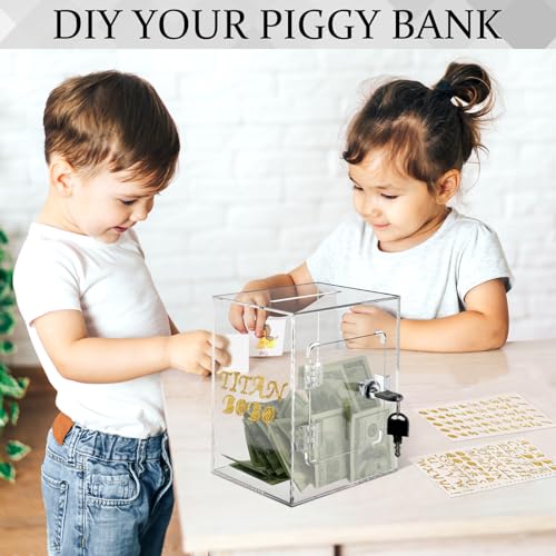 Maxcheck Clear Piggy Bank Large Piggy Bank for Adults for Adults Acrylic Money Box with Keys and Stickers Unbreakable Storing Coin Jar Pot Cash Container Box for Teens