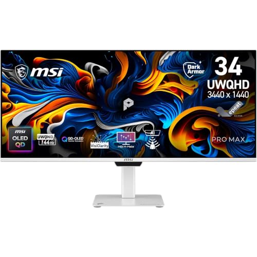 MSI ビジネスモニター PRO MAX 341QPXW14G 34インチ/UWQHD（3,440 × 1,440）/QD-OLED/144Hz/0.03ms（GTG）/AI Care Sensor/KVM/USB PD98W/スピーカー（3W + 3W）/DisplayHDR True Black 500/HDMI2.1/DP1.4a/Type-C/VESA100/メーカー3年保証 (B0H1JBHMLN) Amazon価格推移・価格追跡