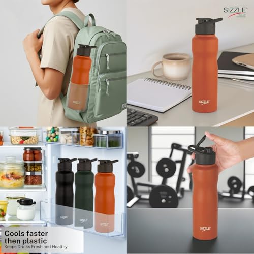Image of Sizzle Orbit 750ml Stainless Steel Sports Water Bottle - Leakproof & Lightweight Fridge Bottle - for Gym, Office, School & Home - BPA Free, Easy to Clean (Orange)