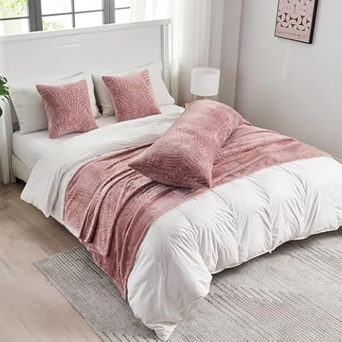SOCHOW Leaves Textured Fleece Throw Blanket & Throw Pillow Covers & Body Pillow Cover, Dusty Pink Cover