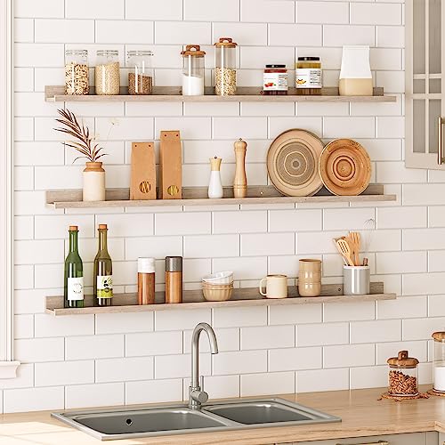 Image of HOOBRO Floating Shelves, Wall Shelf Set of 3, 47.2 Inches Hanging Shelf with Raised Edge and Invisible Brackets, for Bathroom, Bedroom, Kitchen, Office, Living Room Decor, Greige BG92BJ01