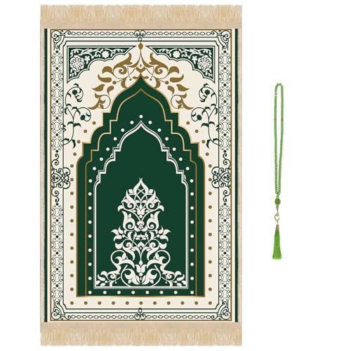 Prayer Mat Rug Ramadan Gifts - Thick Green Muslim Prayer Rug Islamic Tasbih Beads, Islamic Praying Mat Carpet for Salah Namaz Meditation Eid Decorations for Home