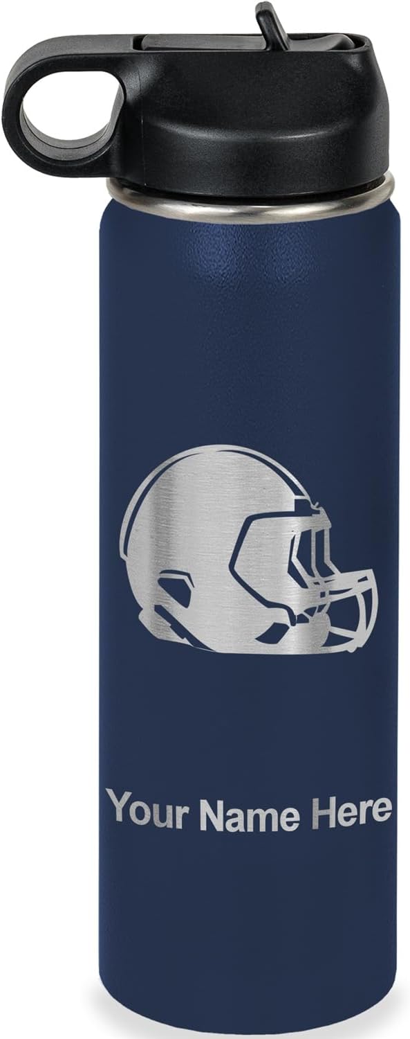 LaserGram Personalized Water Bottle, Football Helmet, Stainless Steel Double Wall Vacuum Insulated with Flip Top Straw, Custom Engraved Gift (20oz / 590ml Navy Blue)