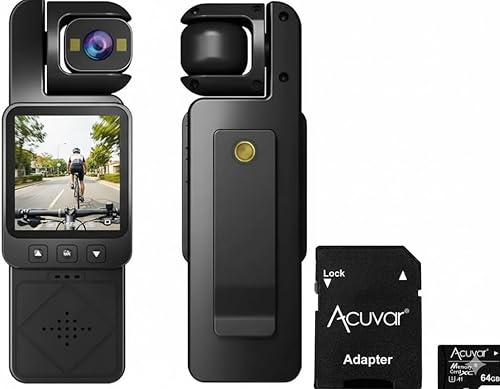 Acuvar Cámara de Vlogging con clip de bolsillo 1080P con estabilización EIS, cámara de video portátil de mano con lente giratoria de 360°, WiFi,