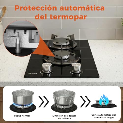 Miniatura 3 de Topwish Placa De Gas Butano, Placa De Gas 2 Fuegos, Ng Lpg Convertible, Válvulas De Seguridad, Encendido Automático, 30cm, 4750w