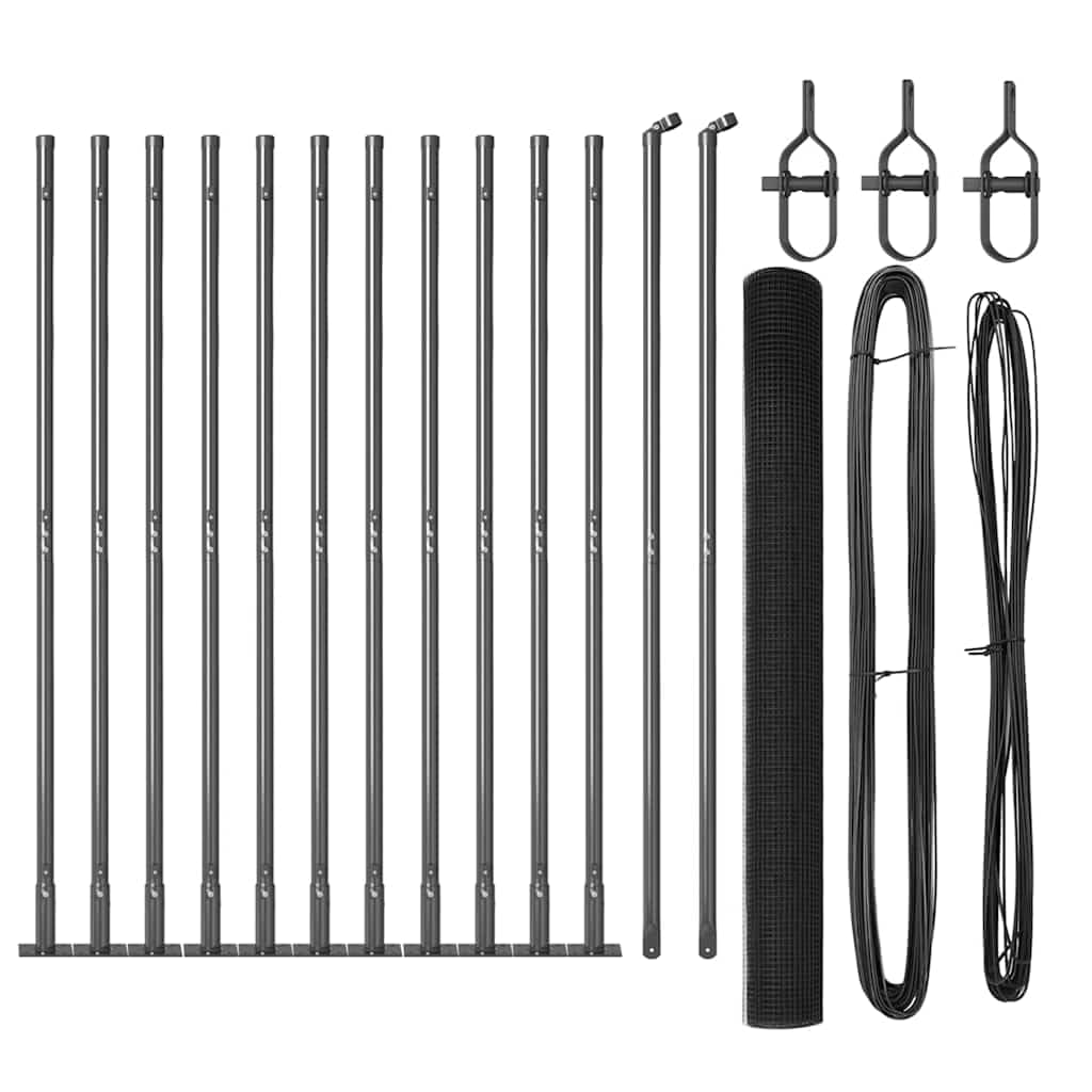 Grey Steel PVC Fence Post 25 x 1.6 m 16 16 mm Mesh Outdoor Garden Security Support Modular Panel Set with 11 Concrete Posts 250 32 x 160 cm