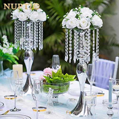 2 Pcs 21.3 Inches Tall Crystal Metal Vase Wedding Road Lead Flower Holders Centerpiece Crystal Flower Chandelier Metal Flower Vase For Reception Tables Wedding Supplies #TOP1