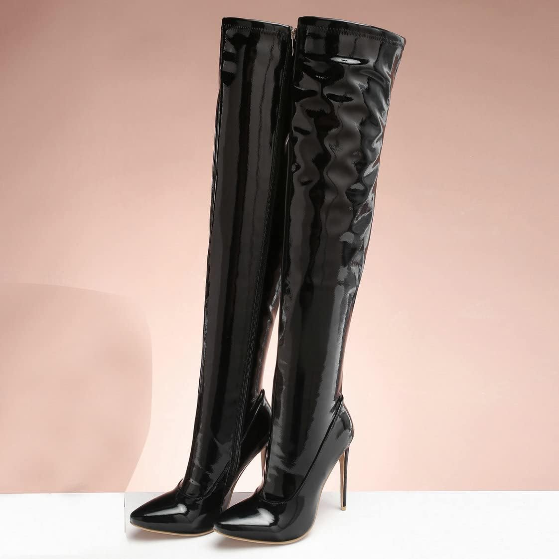 UniqueStride Women's Patent Leather Thigh High GoGo Boots Stiletto High Heels Pointed Toe Side Zip up Over the Knee Boots