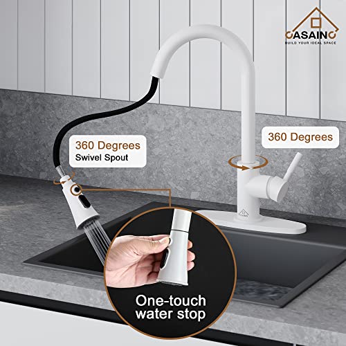 Casainc Matte White Kitchen Faucet With Pull Down Sprayer, 3 Mode Sprayer With Pause Mode 1.8 Gpm/15.25In H Kitchen Sink Faucet, Lead-Free Copper Touch On Kitchen Faucet For Kitchen Sink #TOP2