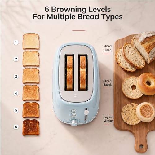 Image of Retro 2 Slice Stainless Steel Toaster with 6 Bread Shade Settings, Bagel, Cancel, Defrost Function, Extra Wide Slot, Removable Crumb Tray, Blue