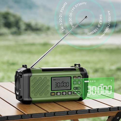 Vikeri Kurbelradio 12000mAh, Notfallradio mit Kurbel und Solar mit AM/FM/SW, Power Bank,LED Camping Licht,SOS Alarm,Kompass, USB-C Handyladung, Tragbare Radio mit Tragegurt für Notfall (Grün)