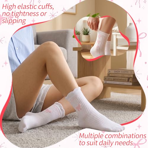 Image of Jspupifip 6 Pairs Lace Ruffle Frilly Crew Socks for Women Girls | Cotton Breathable Cute Princess Ankle Dress Lace Socks Thin Cool Casual Socks