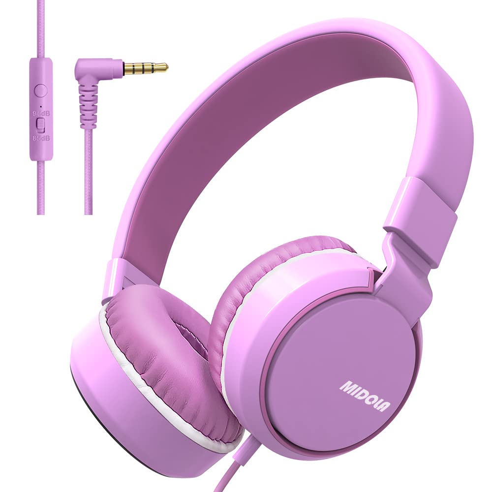 MIDOLAVolume Limited 85/96dB Kids Headphone Wired Over-Ear/On-Ear Foldable Sound Noise Protection Headset with Inline AUX 3.5mm Cord w/Mic for Child School Cellphone Pad PC Notebook Pink