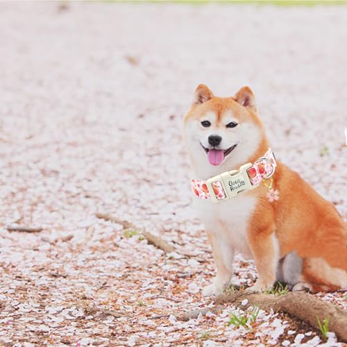 Image of Pink Peach Print Dog Collar with Bow for Large Dogs | Daily Walks,Garden Photoshoots,Spring Picnic,Adjustable,Cotton,Removable Bowtie,Heavy Duty Metal Buckle,Female Dog