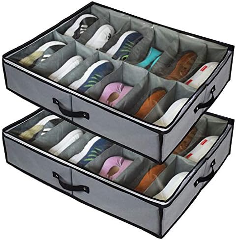 VAKMRVE Under Bed Shoe Storage Organizer,2 Pack Fit 24 Pairs, Underbed Shoe Storage Containers Box Bags with Clear Cover,Reinforced Handles,Sturdy zippers,Breathable Fabric Gray