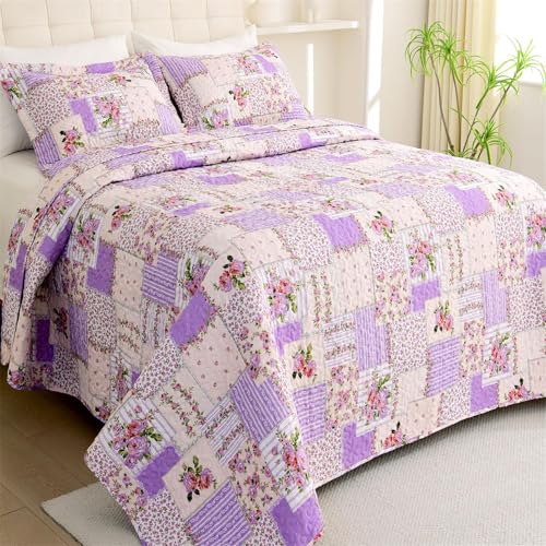 Cmfshape Tagesdecke mit Blumenmuster, Doppelbettgröße, 1-teilig, Patchwork-Design, fliederfarben, mit 1 Kissenbezug, Sommer-Bettwäsche-Set für...