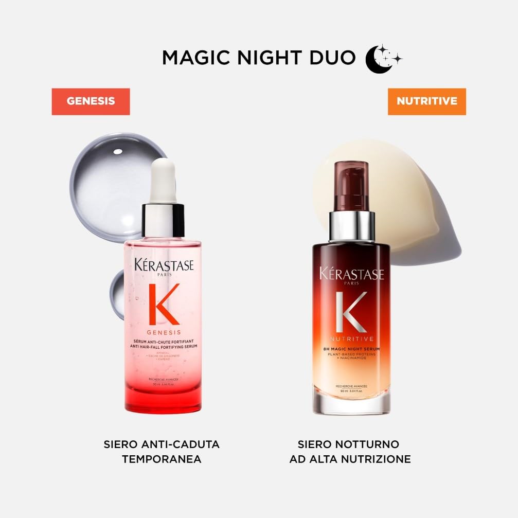 Kérastase, Kit Magic Duo: Siero Fortificante Anti-Caduta + Siero Notturno Nutriente per Capelli Secchi, Per Tutti i Tipi di Capelli, Azione Fortificante e Nutritiva, Genesis + Nutritive, 90ml+90ml