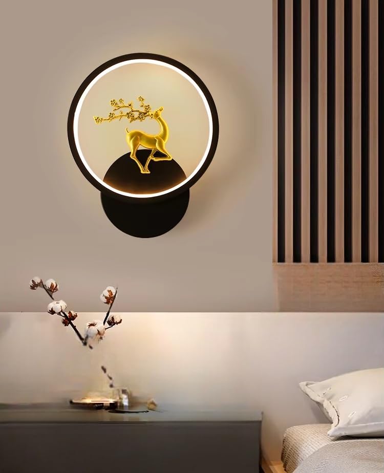Image of Modern Round LED Wall Light with Golden Deer & Branch Design, Multi-Colour LED, Elegant Decorative Lamp for Living Room & Bedroom, Pack of 2