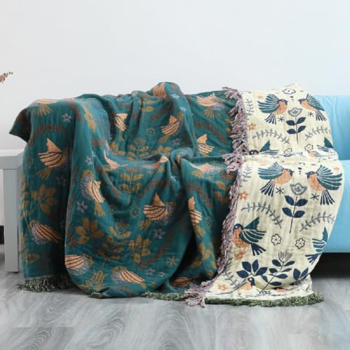 Boho Throw Blanket for Bed - 100% Cotton Ultra Soft Rustic Quilt Blanket Blue Bird Floral Printed Decor Farmhouse Bed Blankets, Super Soft Warm All Season Blanket for Sofa Couch Bed Chair, 60"×80" by DONEUS - Image 2
