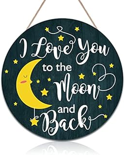 CHDITB Love You to The Moon and Back Wood Sign Wall Decor, Moon Star Wooden Door Hanging Art, Family Love Words Wood Art Plaque for Children Wife Bedroom Nursery (12''x12'')