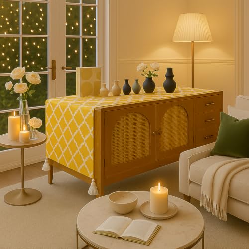 WWW.THROWPILLOW.IN Yellow Diamond Print Console Table Runner 13x84|for 6Feet Long Entryway Cabinet,Foyer,Hallway,Console Cabinet,Entry Storage Unit, Bedside,Nightstand,Bedroom Side Table|Diwali Decor