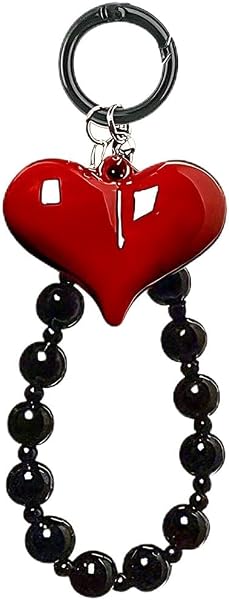 Red Heart Phone Charm Strap Black Beaded Phone Lanyard Cute Bag Charms for Handbags Cellphone Chain Wristlet Heart Bag Charm Purse Keychain for Women Cellphone Keychain Beaded Camera Wrist Strap - 1